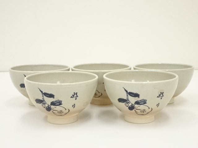 茶道具　阿漕焼　鶴松図　数茶碗　十客　共箱　V　7790A 茶道具 阿漕焼 鶴松図 数茶碗 十客 共箱 V 7790A